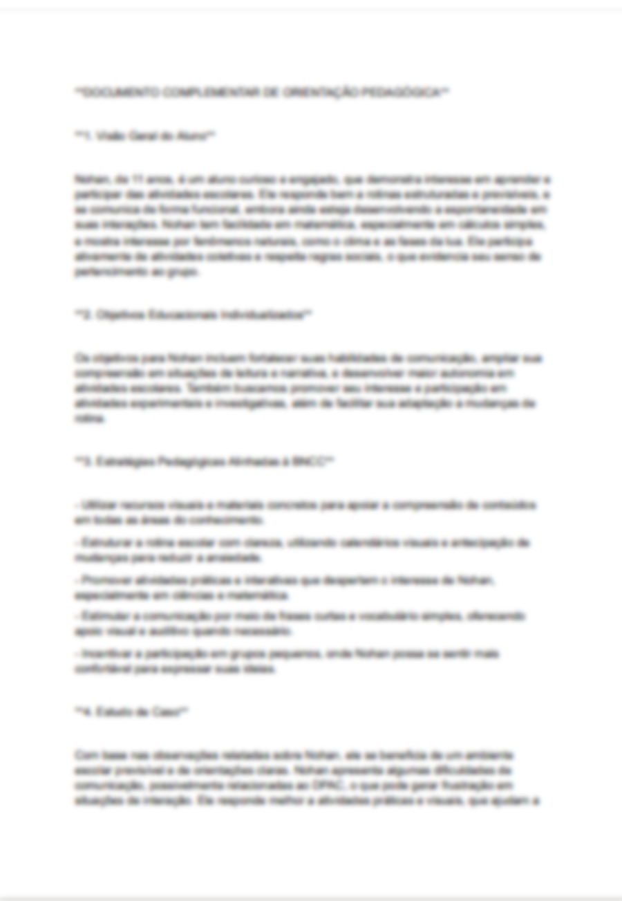Prévia do documento Plano Educacional Individualizado gerado pelo PEI Digital Online, com dados anonimizados
